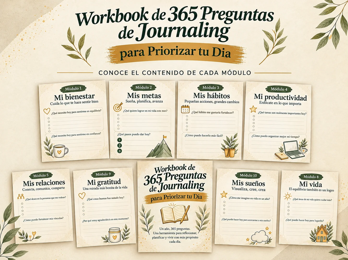 Vista previa de las páginas de los módulos del Diario de Trabajo de 365 Preguntas para Priorizar tu Día