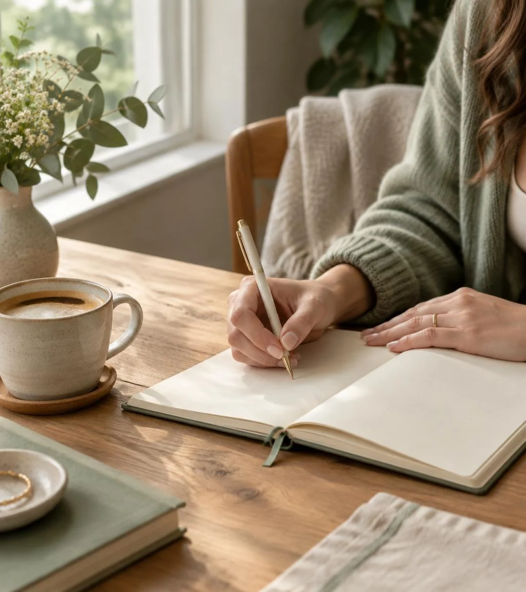Manos escribiendo en un cuaderno abierto sobre una mesa de madera, junto a una taza de café