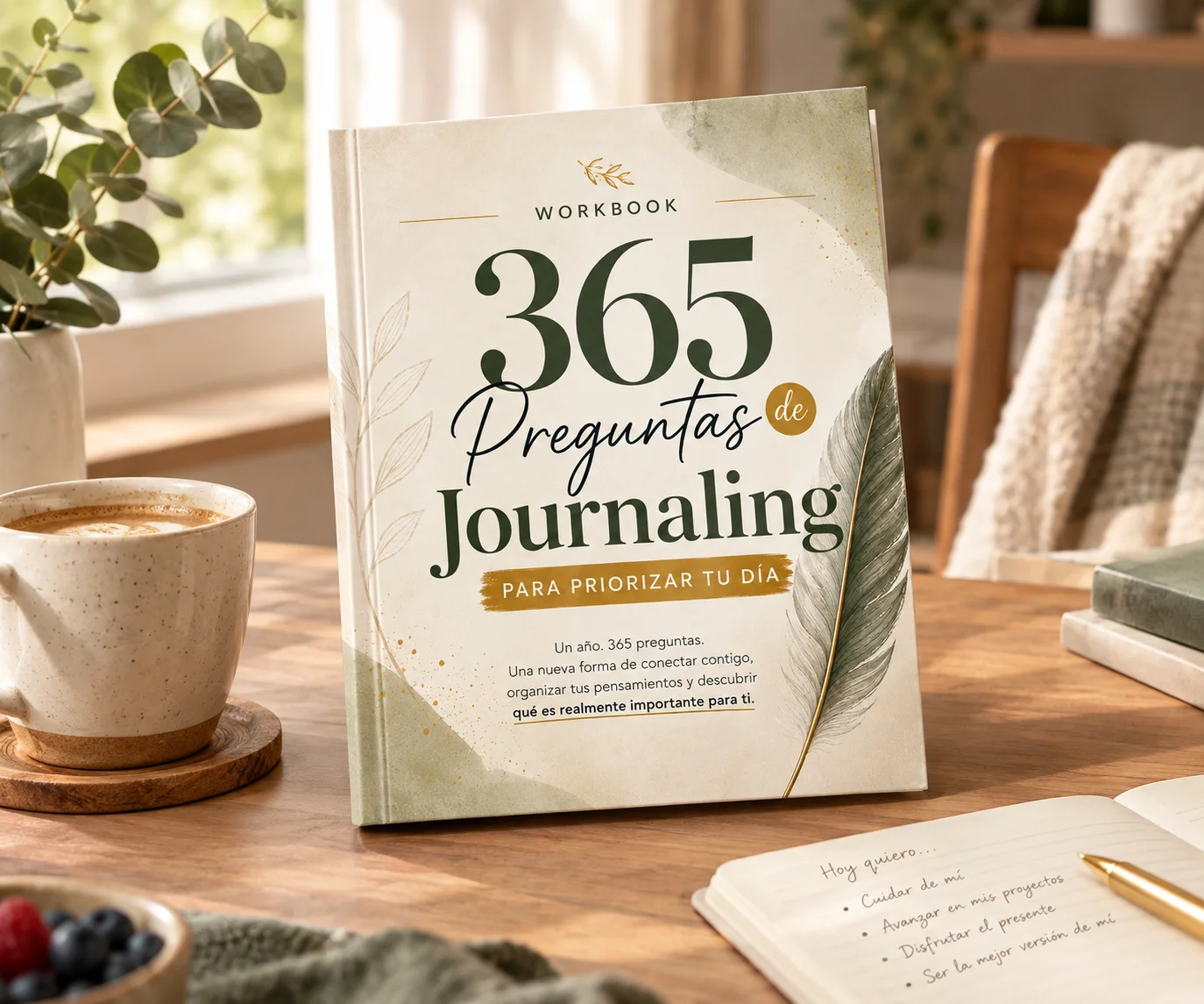 Libro físico del workbook 365 Preguntas de Journaling para Priorizar tu Día sobre una mesa junto a una taza de café y un cuaderno abierto